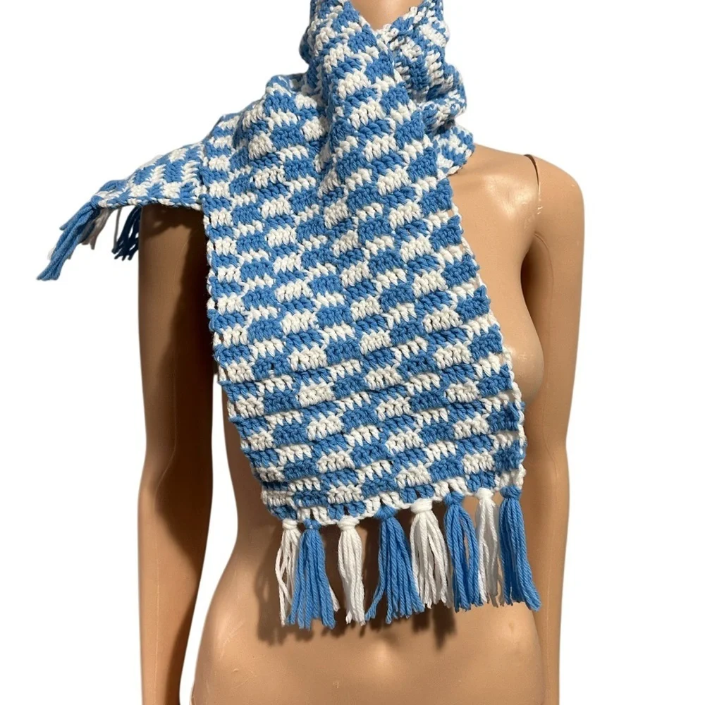 Blue and White crochet Scarf 42” length